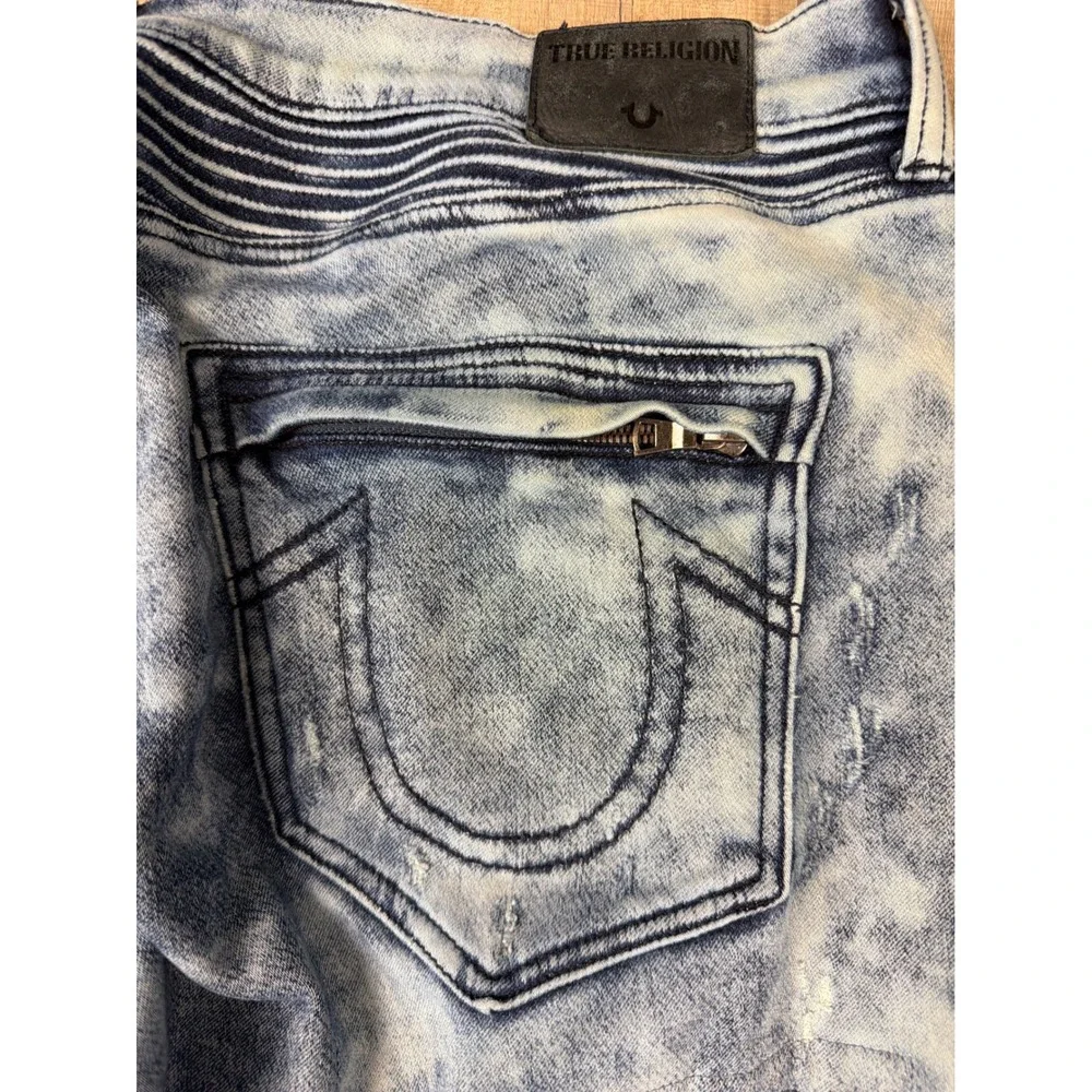 True Religion Rocco Relaxed Skinny Moto Jeans Acid Wash Blue Distressed Mens 38